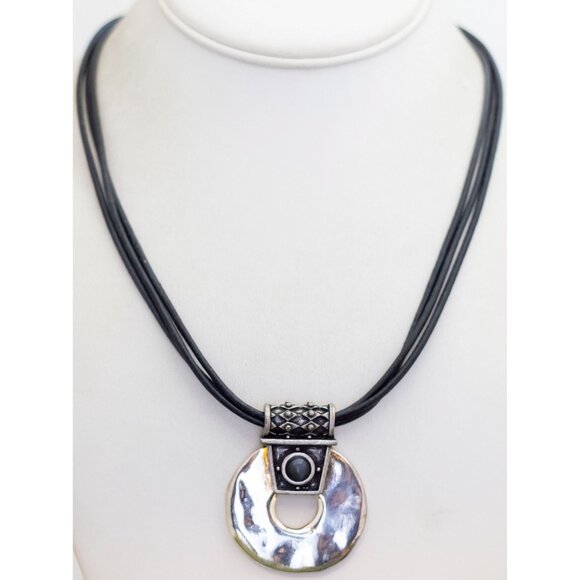 18 inch, Vintage Circular Coin Pendant Black Lace Necklace by Chiccos - K46 - Picture 2 of 3